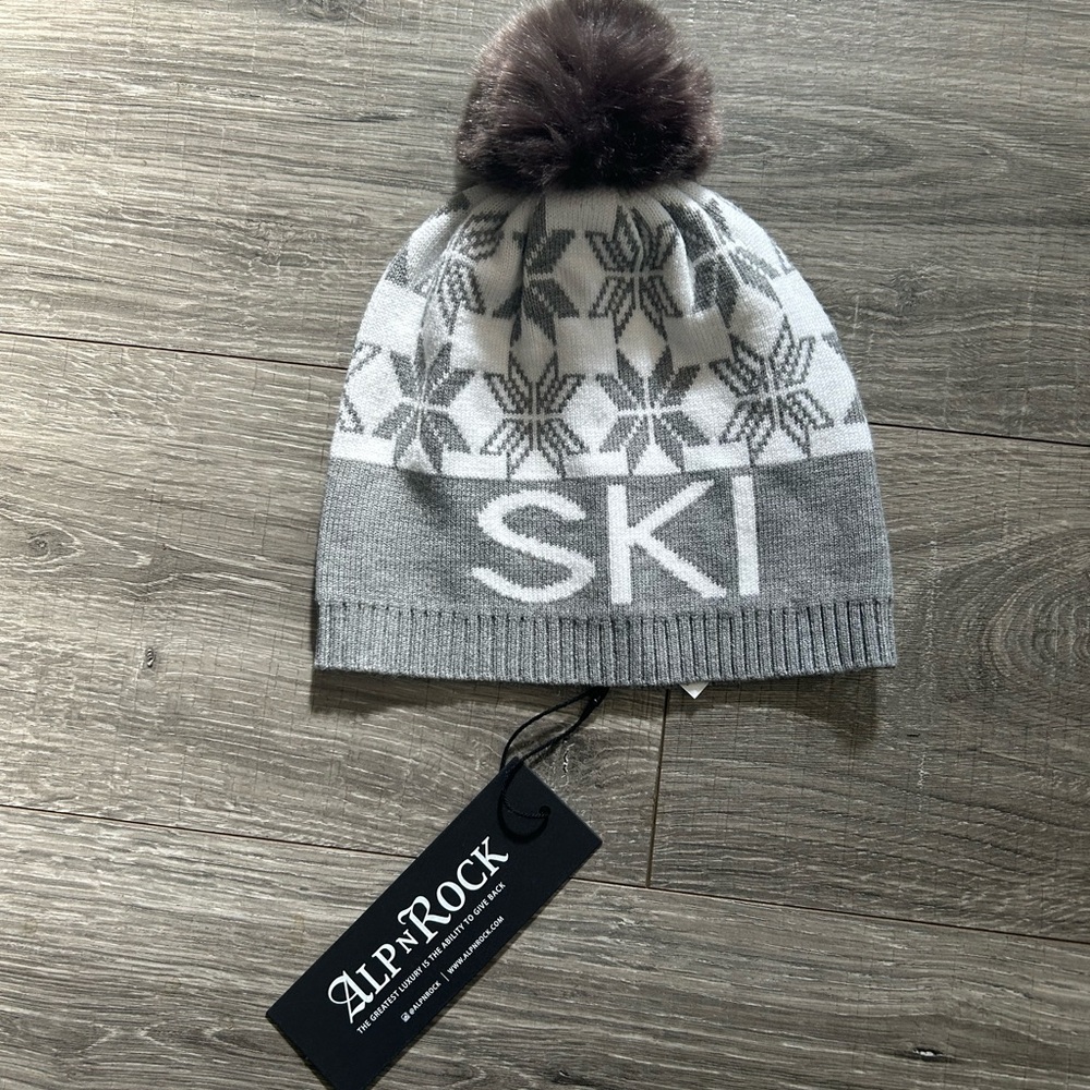 Gray and White alpnrock Ski Beanie with old aspen logo rare real fur pom